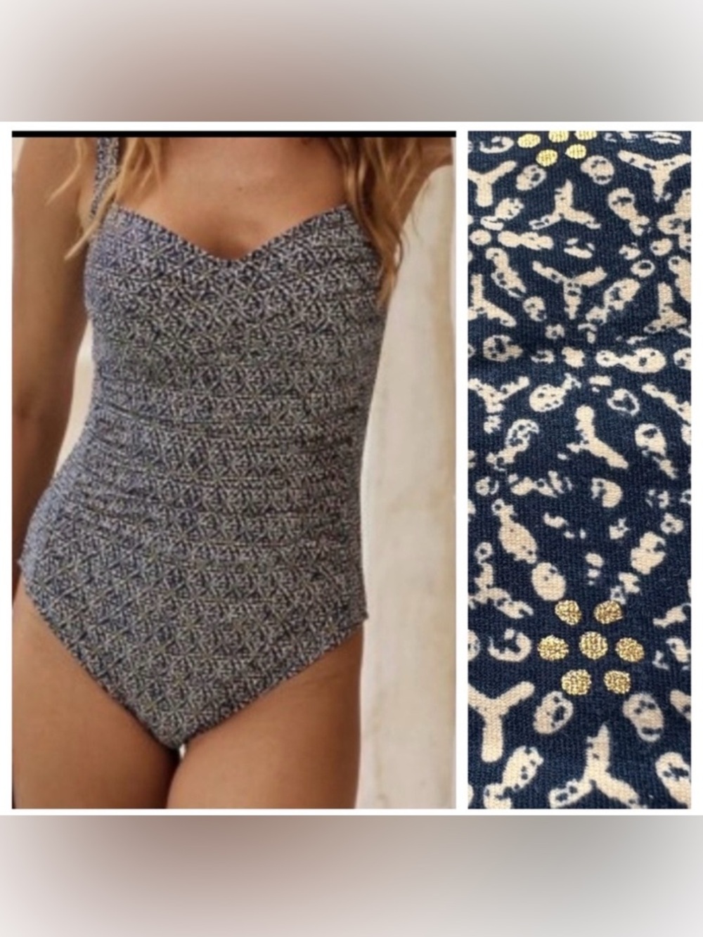 NipTuck Nautical Foil Louise One Piece Swimsuit Tummy Control US 6 Navy Gold
